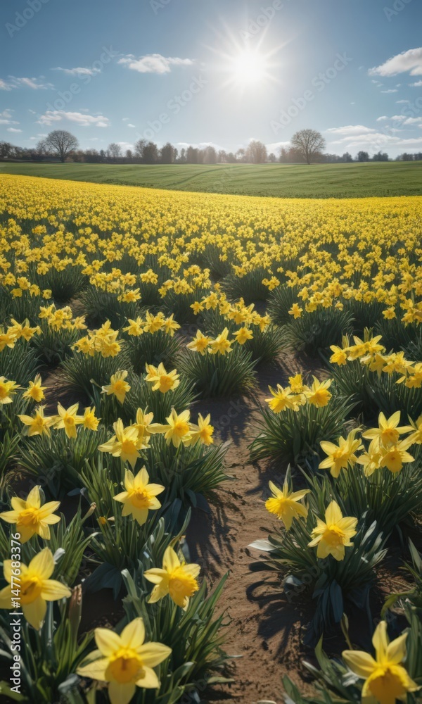 Fototapeta premium Vast field of daffodils bathed in sunlight, clear blue sky backdrop, nature, golden