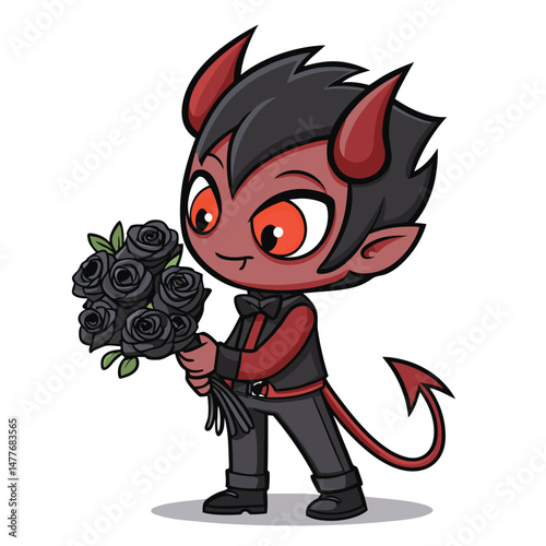 A shy, horned demon boy with crimson skin, clutching black roses with embers flickering at their edges, stands pensively in a dimly lit gothic setting.