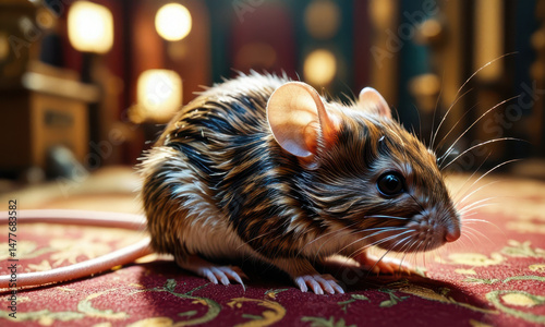 A small rat perched on a red carpet