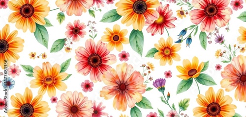 Elegant watercolor floral seamless pattern, summer wildflowers on white background, white, background