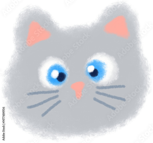 Cute Fluffy Gray Cat Face Illustration