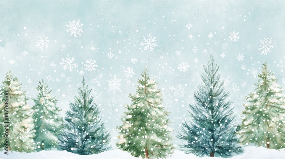 Fototapeta premium Playful watercolor illustration of snowy pine trees in a winter landscape with soft snowfall