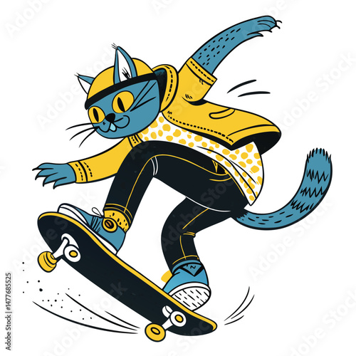 A cool skateboarding cat executes a perfect kickflip, showcasing street style and attitude.  The scene is gritty and urban.