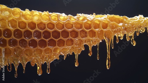 Honeycomb dripping golden honey on dark background viewed in extreme close-up