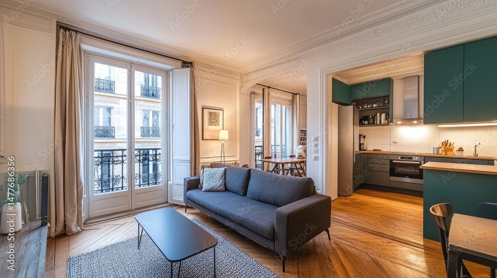 Fototapeta premium Parisian apartment interior showcasing modern design elements.