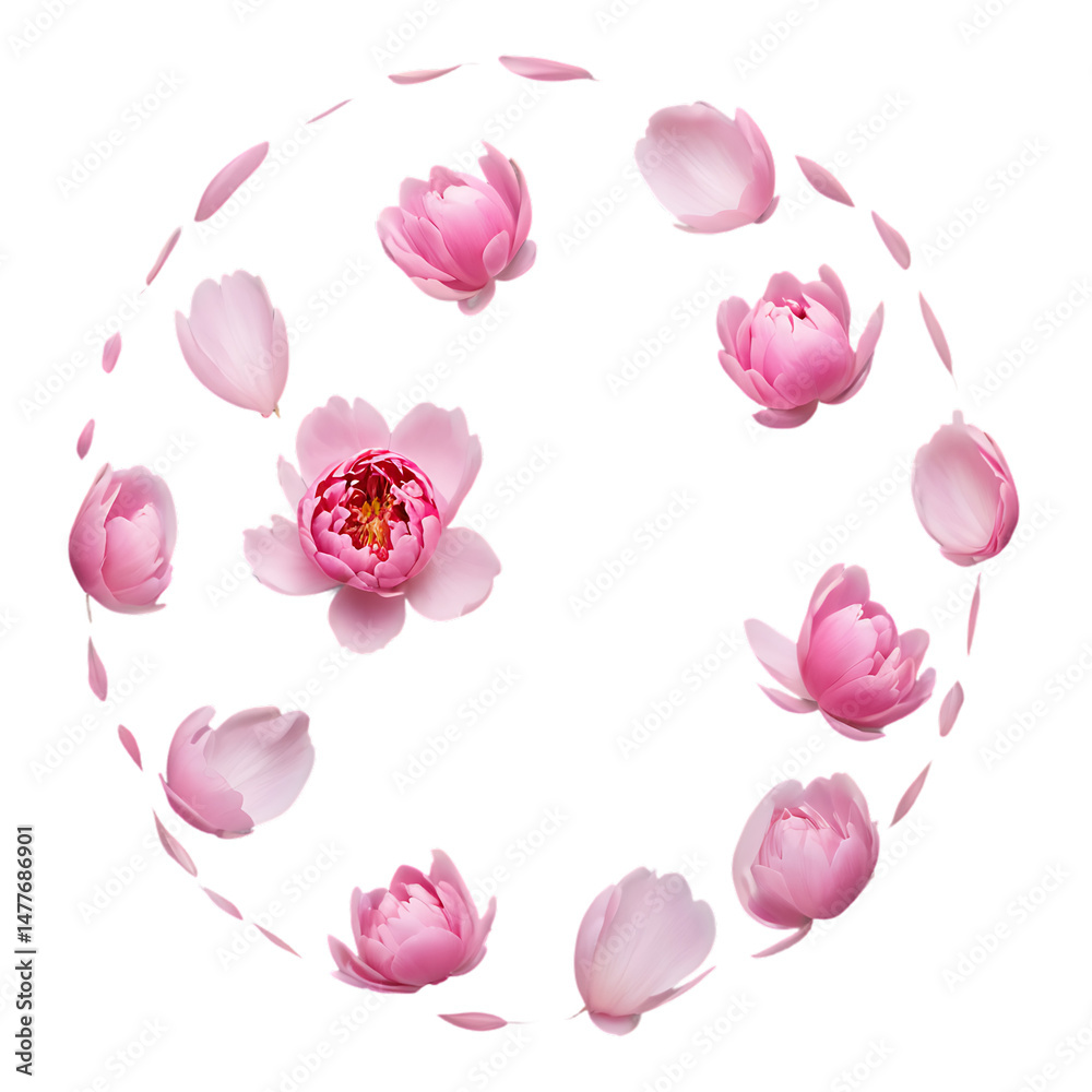 Naklejka premium Pink Peony Petals Floating Away in Gentle Circular Motion, Soft Floral Drift, Elegant Petal Movement