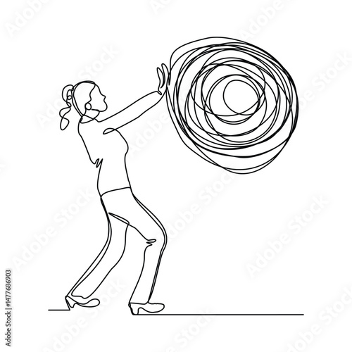 continuous line drawing of business woman push stone rock obstacle sketch editable stroke vector illustration