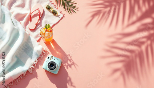 A refreshing cocktail, camera, and beach accessories, casting playful shadows on a soft, pastel pink backdrop, invites you to embrace the serene vibe of a perfect sunny day.