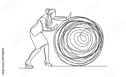 continuous line drawing of business woman push stone rock obstacle sketch editable stroke vector illustration