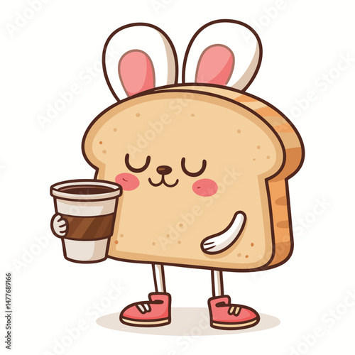 A cute, anthropomorphic piece of toast wearing bunny slippers, eyes closed, peacefully sleeping while clutching a small coffee cup.