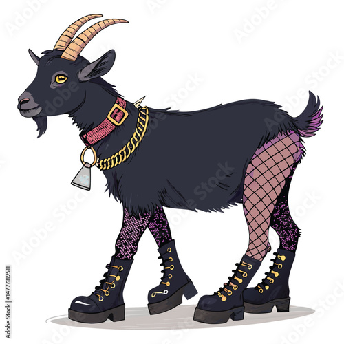 Render a cute, cartoonish devil goat kid wearing fishnet stockings and combat boots, mischievous expression.