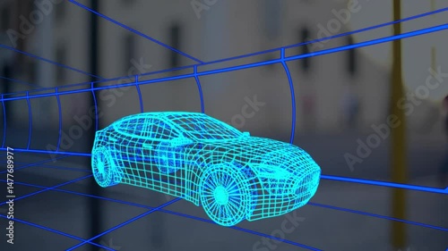 Neon blue wireframe car model floating through glowing grid tunnel in virtual 3D simulation
