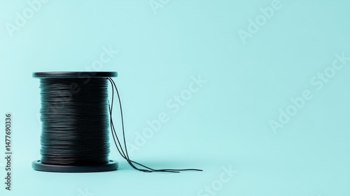 Black thread spool on teal background