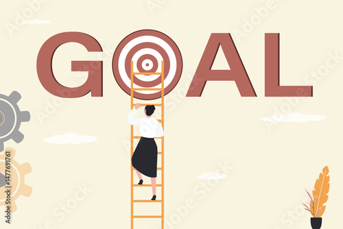 Ambitious businesswoman climb up ladder to reach goal dartboard. Career ladder, target and achievement, challenge to find success, business objective or purpose concept.