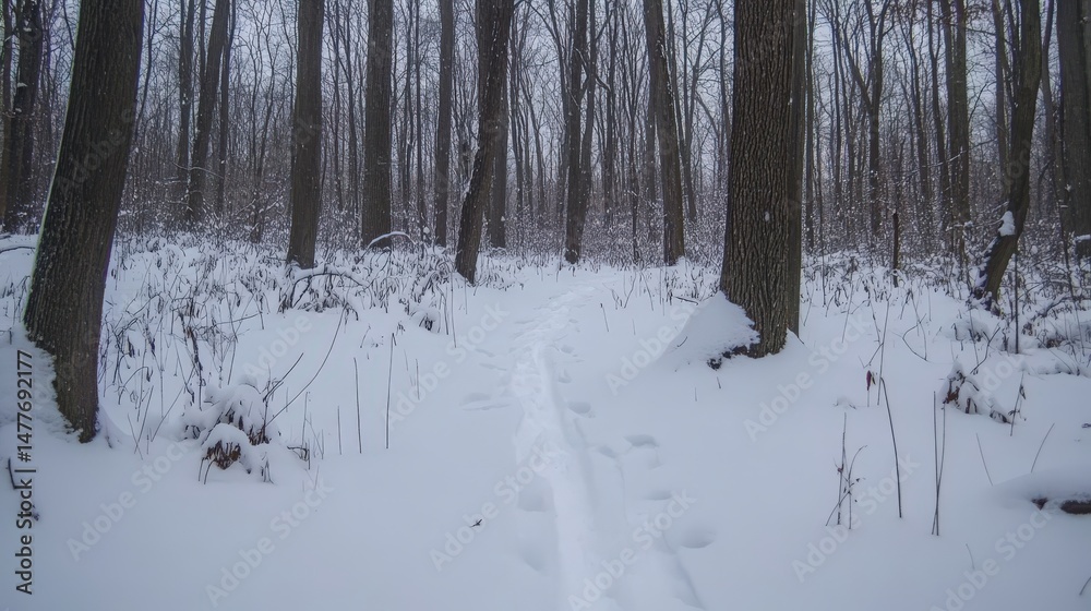 Fototapeta premium Snowy forest trail through winter woods.