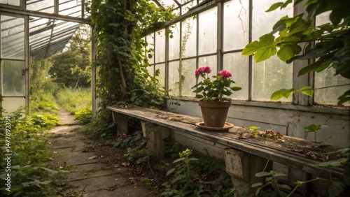 Fototapeta Naklejka Na Ścianę i Meble -  Potted flowers on wooden bench in abandoned greenhouse setting  