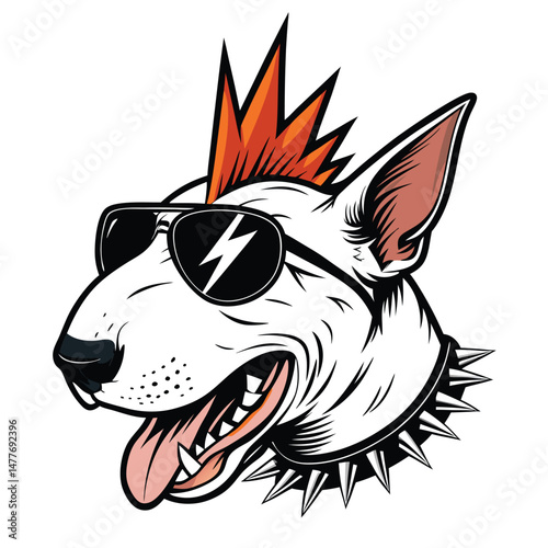 A fierce bull terrier, snarling intensely, sports a vibrant, stylized lightning bolt mohawk.  The image should be high-resolution and showcase detailed fur texture.