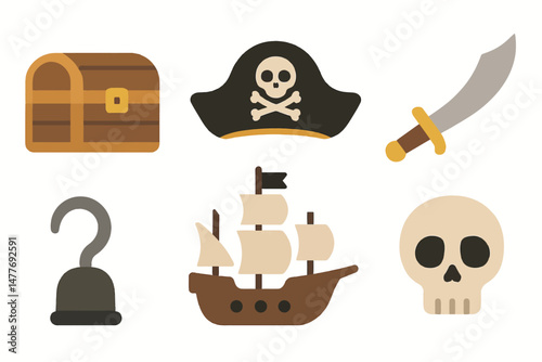 Flat Pirate Icons with Ship, Treasure and Skull vector