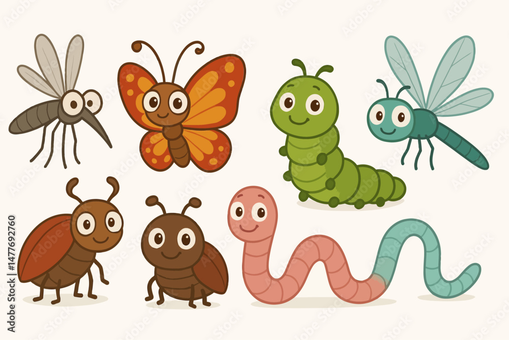 Naklejka premium Cute Cartoon Bug and Insect Characters Set vector
