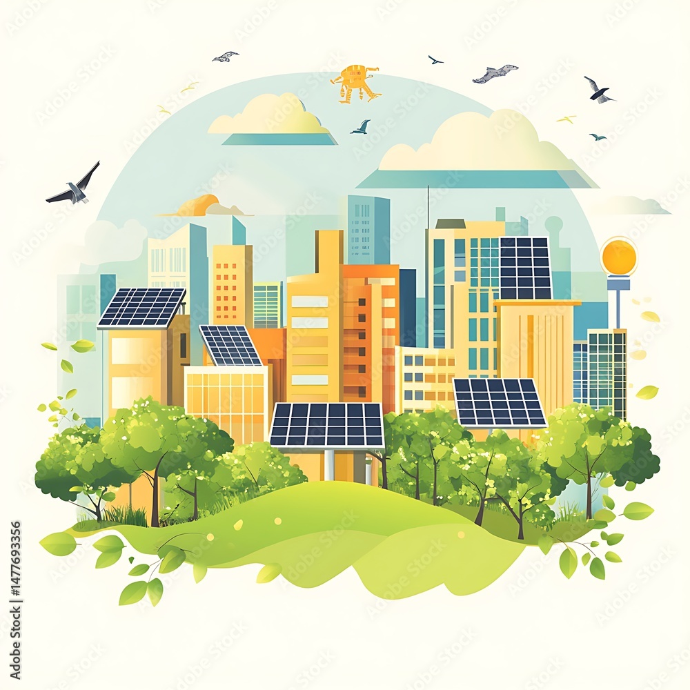Obraz premium Green City: A vibrant city with eco-friendly architecture, featuring solar panels and lush green spaces, symbolizes sustainability and environmental consciousness.