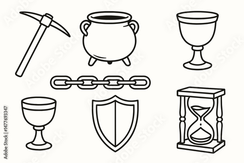 Medieval Fantasy Icon Set in Outline Style vector
