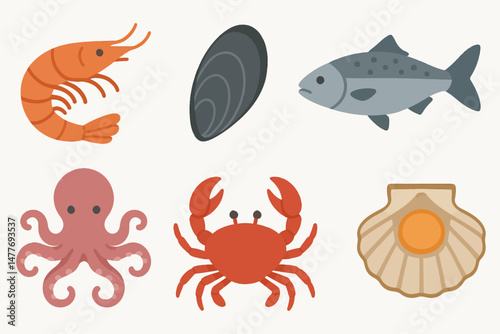 Flat Seafood and Shellfish Icon Collection vector