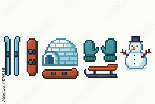 Pixel Art Winter Sports and Snow Activities Icons vector