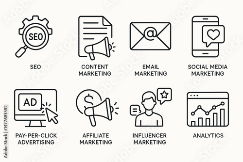 Outline Icons of Digital Marketing Strategies Set vector