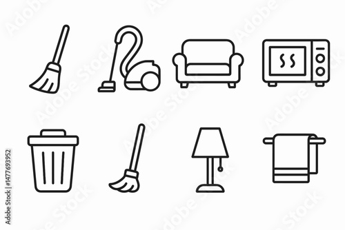 Line Icons of Home Furniture and Cleaning Tools vector