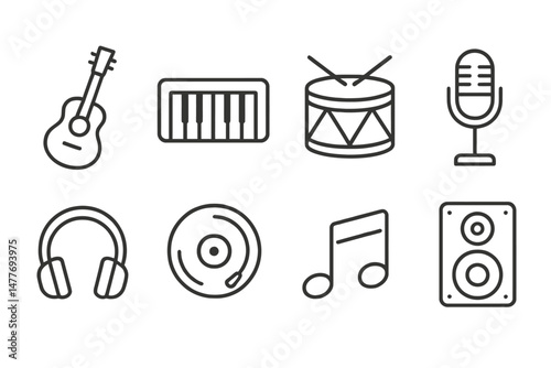 Outlined Icons of Music Instruments and Audio Devices vector