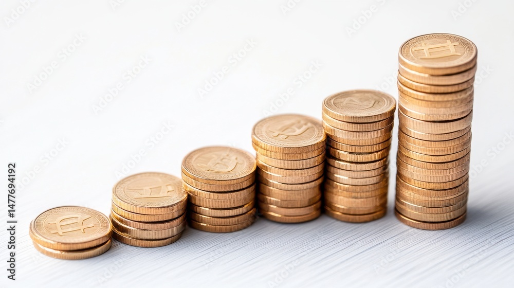 Ascending stacks of gold coins on a white wooden surface, illustrating growth and financial success. Ascending stacks of gold coins on a white wooden surface, illustrating growth and financial success.