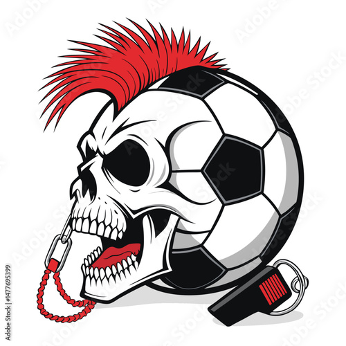 A grungy, detailed illustration of a soccer ball skull with a vibrant mohawk, wearing a referee's whistle around its neck.