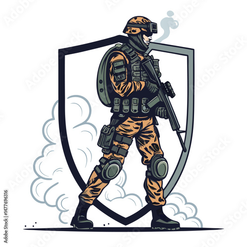 A lone soldier, clad in tactical gear, stands amidst a battlefield, a billowing smoke cloud forming a dramatic backdrop.  High-resolution, realistic depiction.