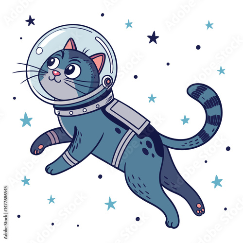 A cute, cartoon space explorer cat, wearing a helmet, floats serenely amidst twinkling stars.  Emphasis on a whimsical, playful style.