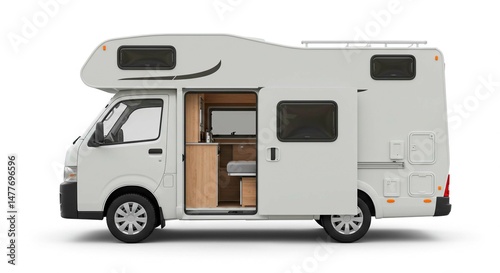 Side view of a white camper van with the door open on a white background