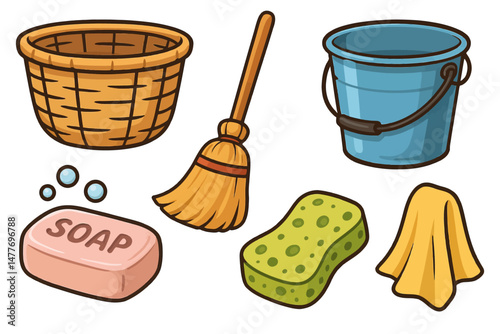 Cute Cartoon Icons of Cleaning Supplies vector