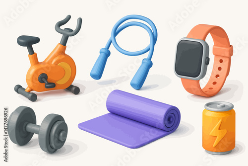 Colorful 3D Fitness and Gym Equipment Icons vector