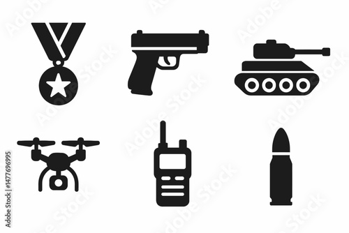 Military Equipment Icons in Black Silhouette vector