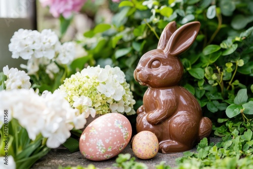 Chocolate Easter Bunny with Spring Flowers