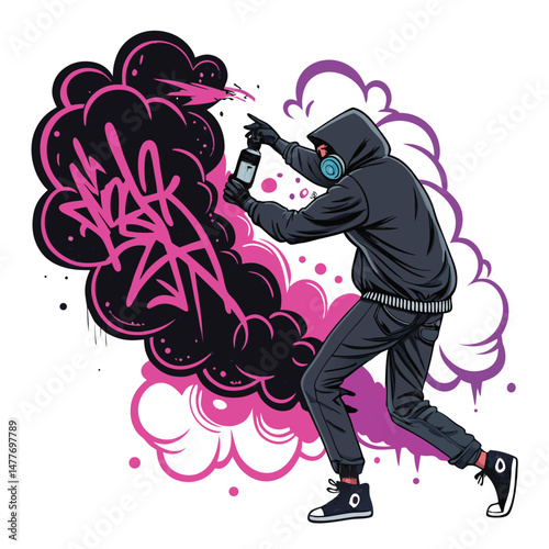 A dynamic image of a street artist in action, mid-spray, creating vibrant graffiti art on a wall.  Focus on the artist's intense concentration and the spray's colorful mist.