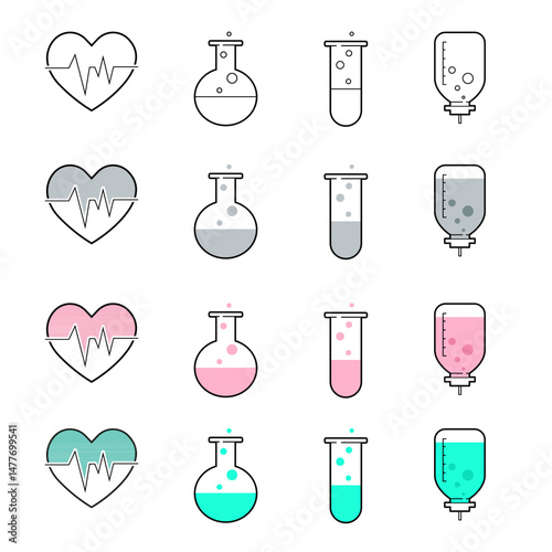 Line Icon for Medical needs, Beaker, Electrocardiogram, Infusion, Test Tube, in transparent pink, transparent light black, light blue and white
