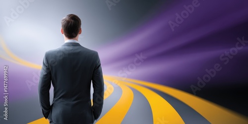 Businessman in dark suit viewed from behind, standing on a path with yellow and grey stripes against a purple and grey blurred background. 