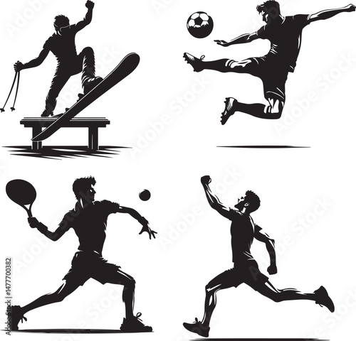 Silhouette illustration showcasing diverse sports activities in dynamic poses black and white