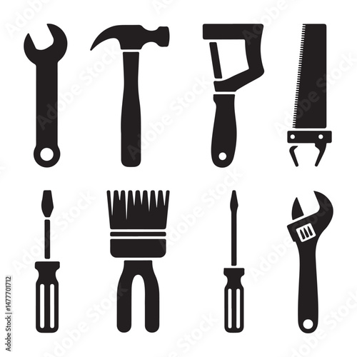 Set of Silhouettes of Various Hand Tools Including Hammers, Wrenches, Saws, and Screwdrivers – Black Icons for Construction, Repair, and Manual Labor