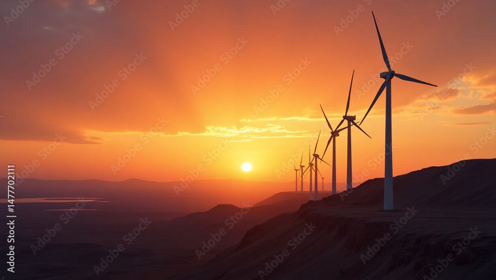 Obraz premium A row of wind turbines stand tall on a hilltop, silhouetted against a breathtaking sunset. The golden rays of the setting sun illuminate the landscape.