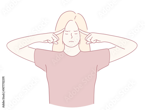 An illustration depicting a woman engaged in practicing mindfulness while holding her head as a sign of stress relief