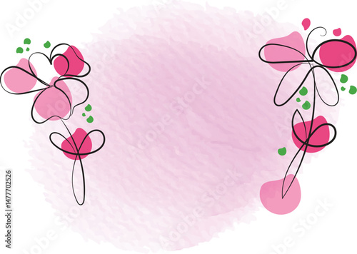 Pink Watercolor Background with Abstract Floral Line Art Design Elements