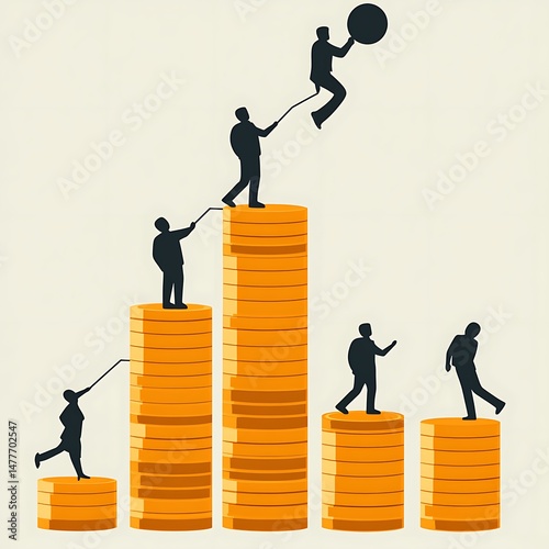 Striving for Success: A conceptual depiction of individuals navigating challenges and scaling financial heights, represented by ascending stacks of gold coins and people.