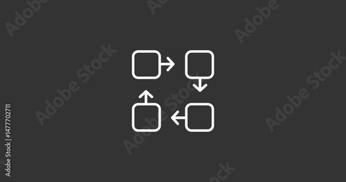 Aesthetic white line PDCA cycle animation. Iterative workflow loop on dark theme. Business process, strategy, management, quality control. 4K motion graphic, isolated design.