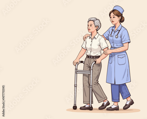 Elderly man walking with nurse while using a walker against beige background  
